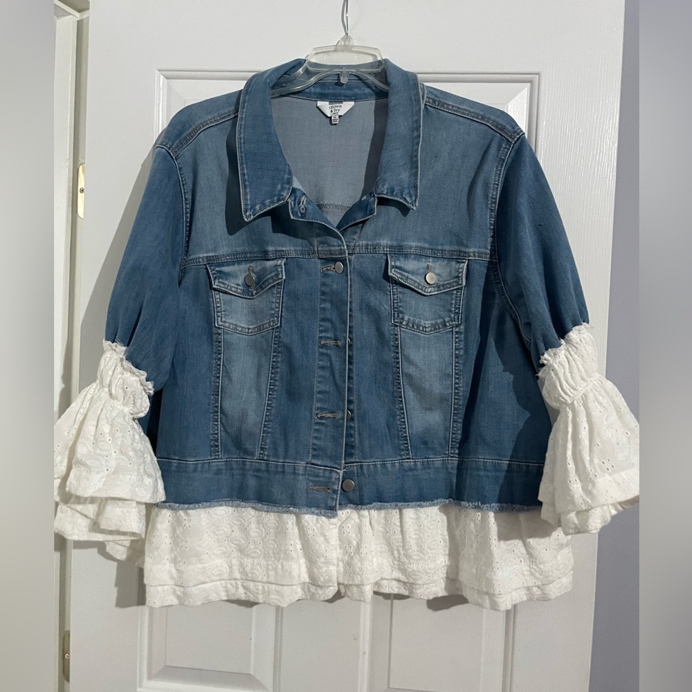crown & ivy Blue and White Jean Jacket with Ruffle Sleeves